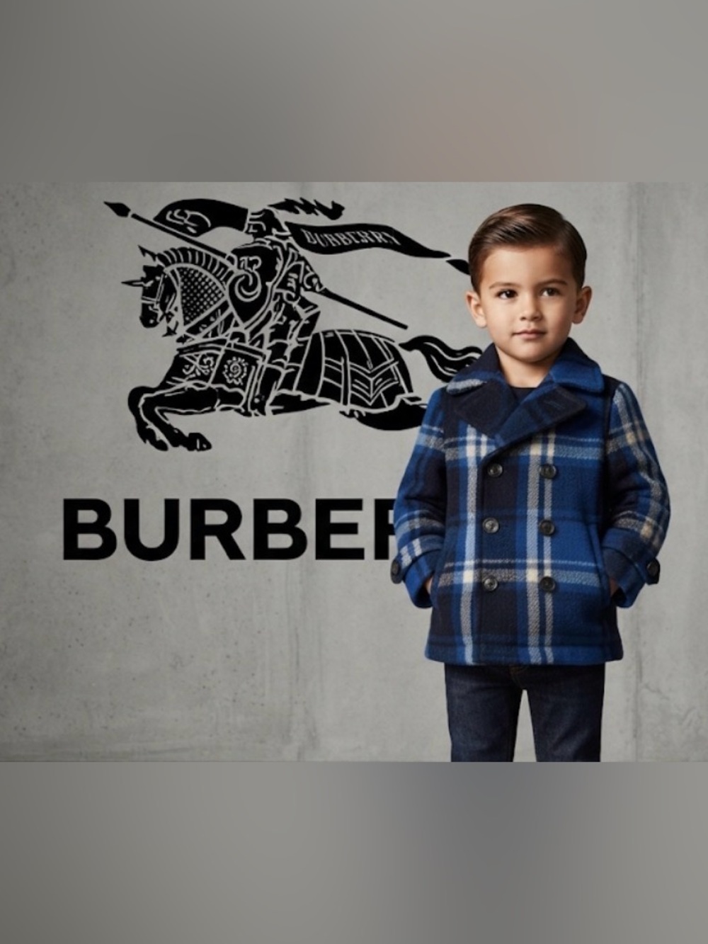 Authentic Burberry luxury designer toddler boy
navy plaid wool pea coat coat 3T
